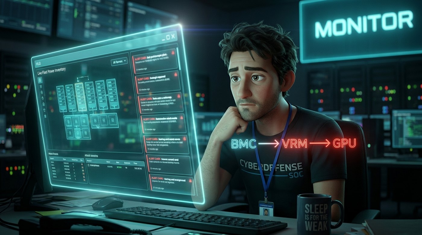 Alex, animated SOC analyst, watching the live power inventory and a BMC to VRM to GPU attack path