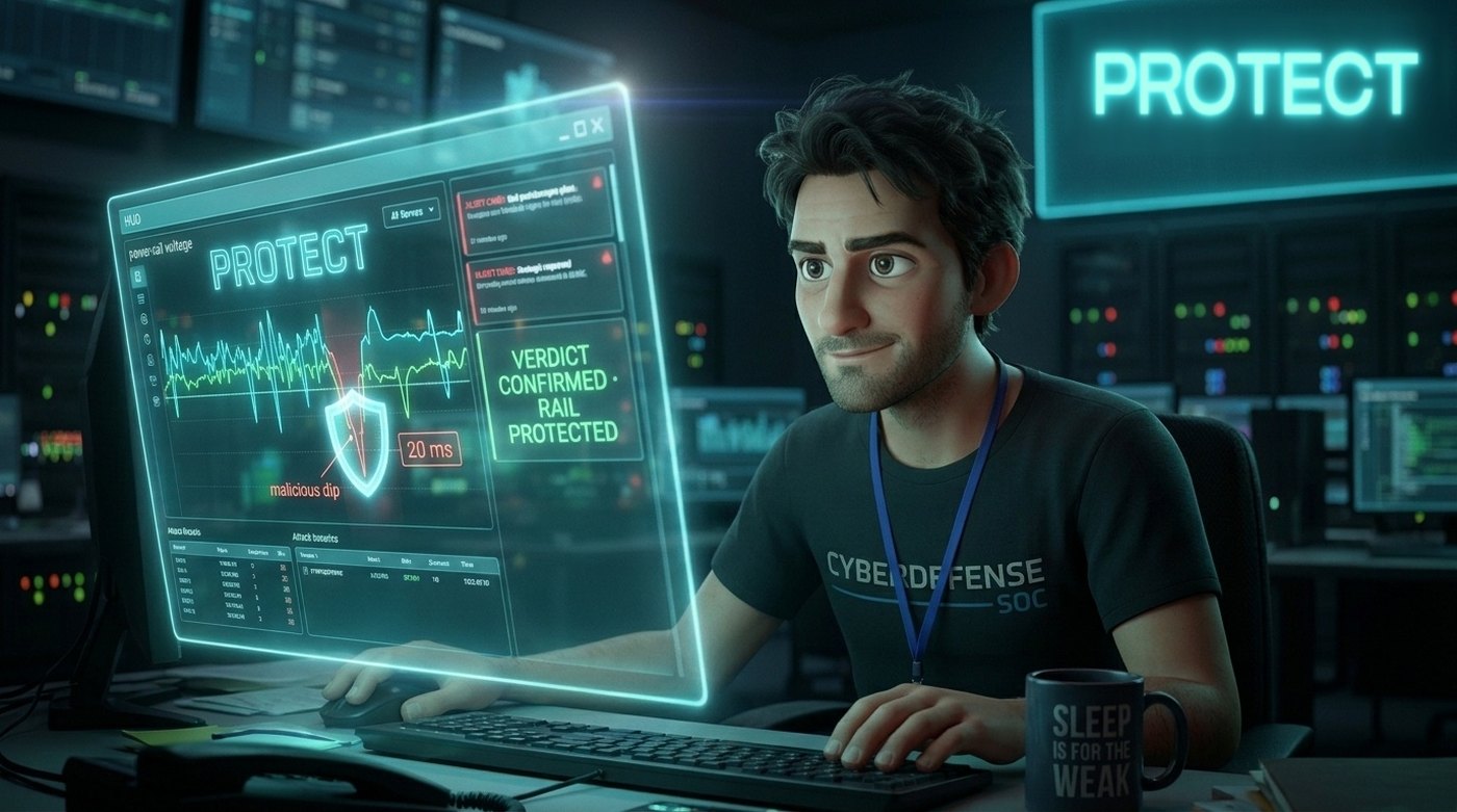 Alex, animated SOC analyst, watching PWX Protect confirm a verdict on a power rail in 20 ms